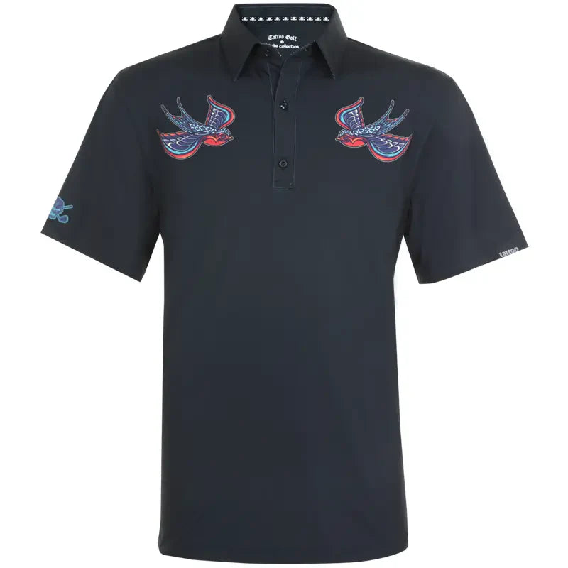 Black birdie polo shirt with colorful swallows designs 