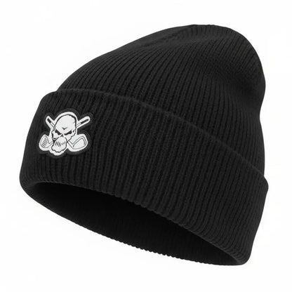 Black golf beanie with a skull and crossing clubs