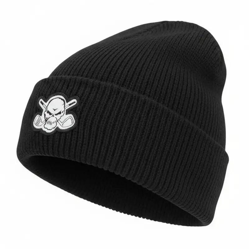 Black golf beanie with a skull and crossing clubs