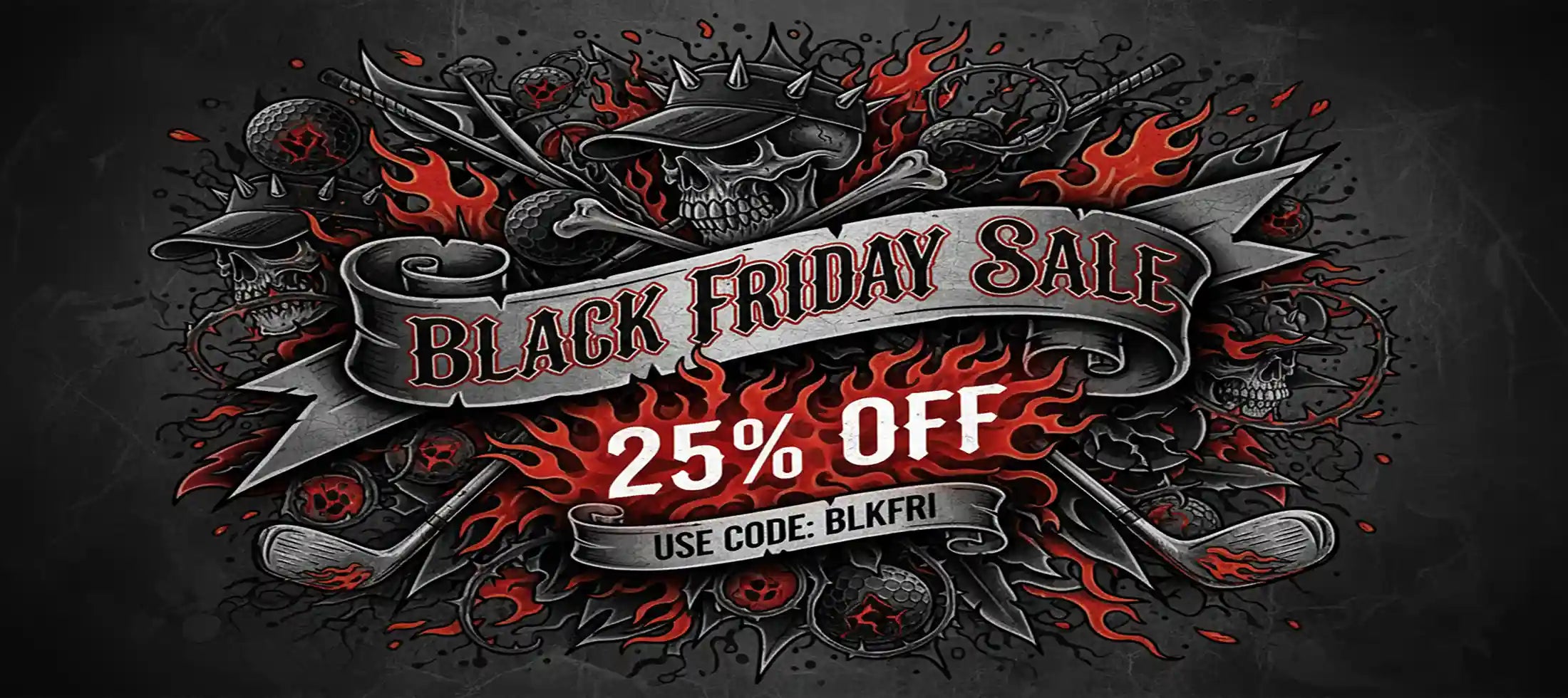 Black Friday sale banner with skull and flames on a dark background