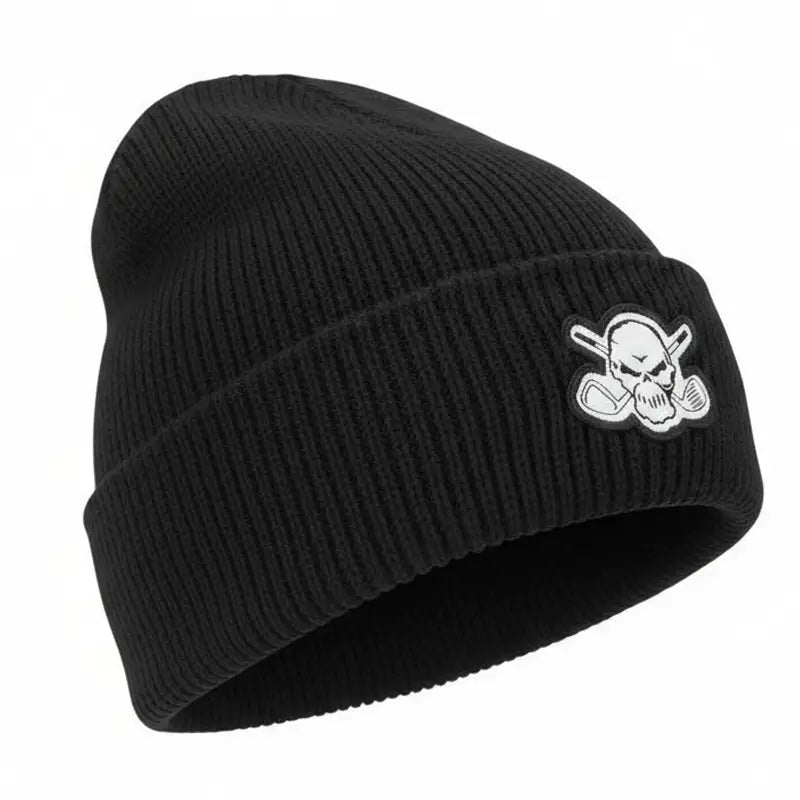 Black golf beanie with a skull and crossing golf clubs design