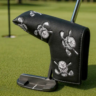 Black golf putter cover with bold skull design for wild golfers