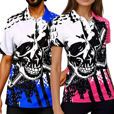his and hers couples golf polo's with skull design