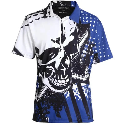 blue men's golf shirt with giant skull design
