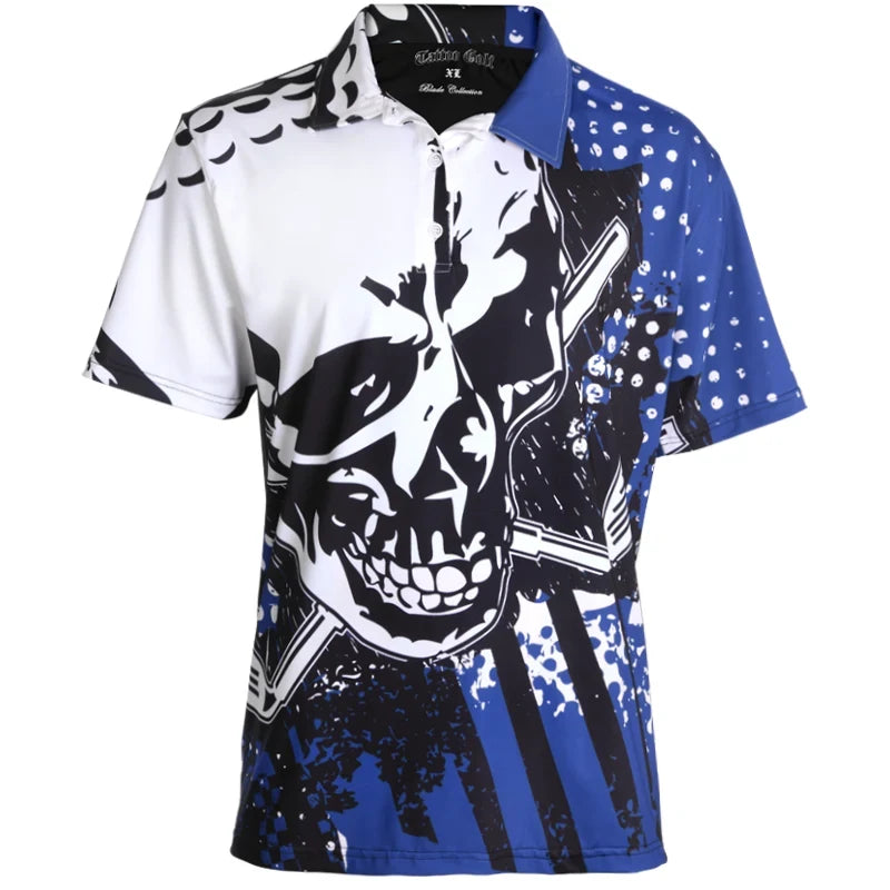 large skull blue golf shirt