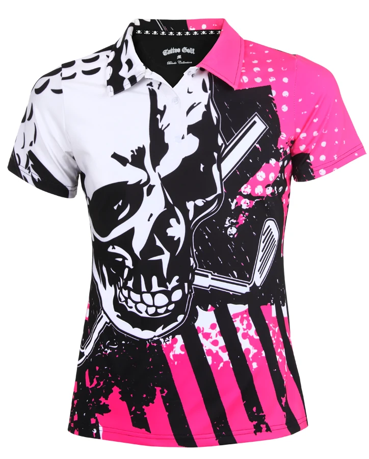 A pink and white golf shirt with a graphic design, showcasing a skull and bones pattern with accompanying text.