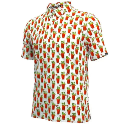 19th Hole Bloody Mary Cool Stretch Men's Golf Shirt in white with colorful Bloody Mary print