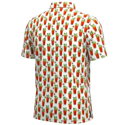 19th Hole Bloody Mary Cool Stretch Men's Golf Shirt with vibrant Bloody Mary print on a white background.