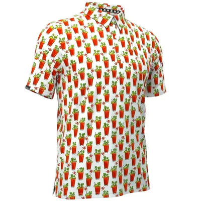 19th Hole Bloody Mary Cool Stretch Men's Golf Shirt in white with colorful Bloody Mary print.