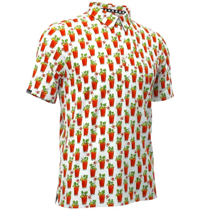 19th Hole Bloody Mary Cool Stretch Men's Golf Shirt in white with colorful Bloody Mary print.