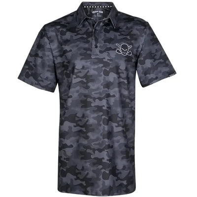 A black camouflage golf shirt with short sleeves, featuring a skull and crossed golf clubs design on the chest and back.