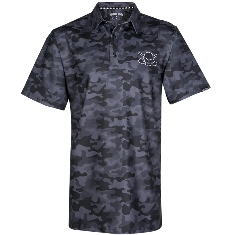 A black camouflage golf shirt with short sleeves, featuring a skull and crossed golf clubs design on the chest and back.