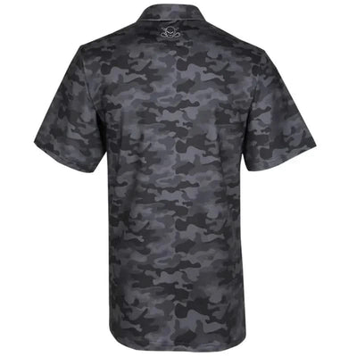 Back view of the Camo Cool-Stretch Golf Shirt showcasing the black camo pattern and Tattoo Golf logo.
