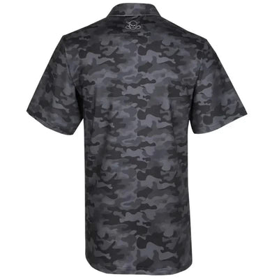 Back view of the Camo Cool-Stretch Golf Shirt showcasing the black camo pattern and Tattoo Golf logo.