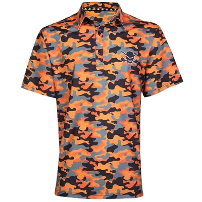An orange camouflage golf shirt with a skull and crossed golf clubs design on the chest and back.