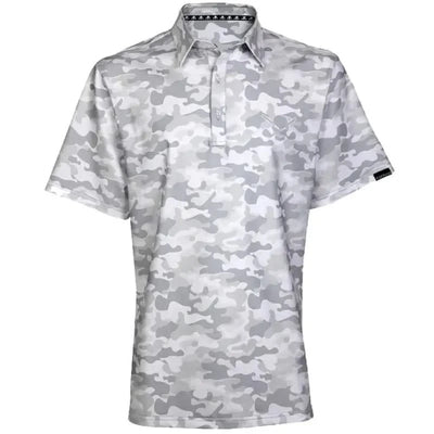 A white golf shirt with a camouflage pattern and a skull and crossing clubs graphic on the chest and back.