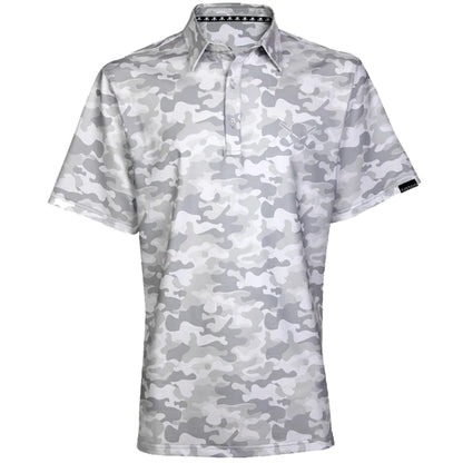 A white golf shirt with a camouflage pattern and a skull and crossing clubs graphic on the chest and back.