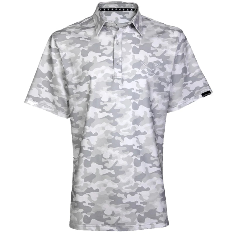 A white golf shirt with a camouflage pattern and a skull and crossing clubs graphic on the chest and back.