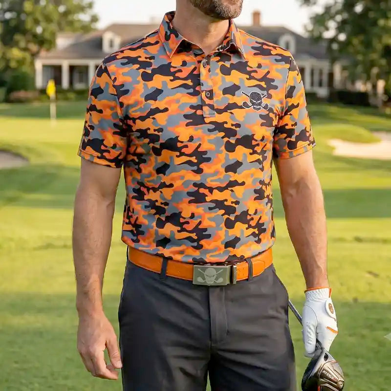 Man wearing an orange camouflage polo shirt on a golf course