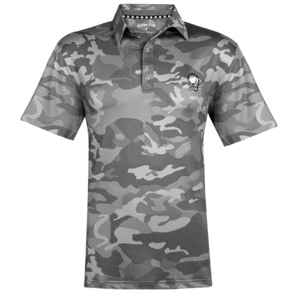 Grey camouflage golf shirt with a three-button placket, featuring a skull and crossed clubs embroidery on the chest and back.
