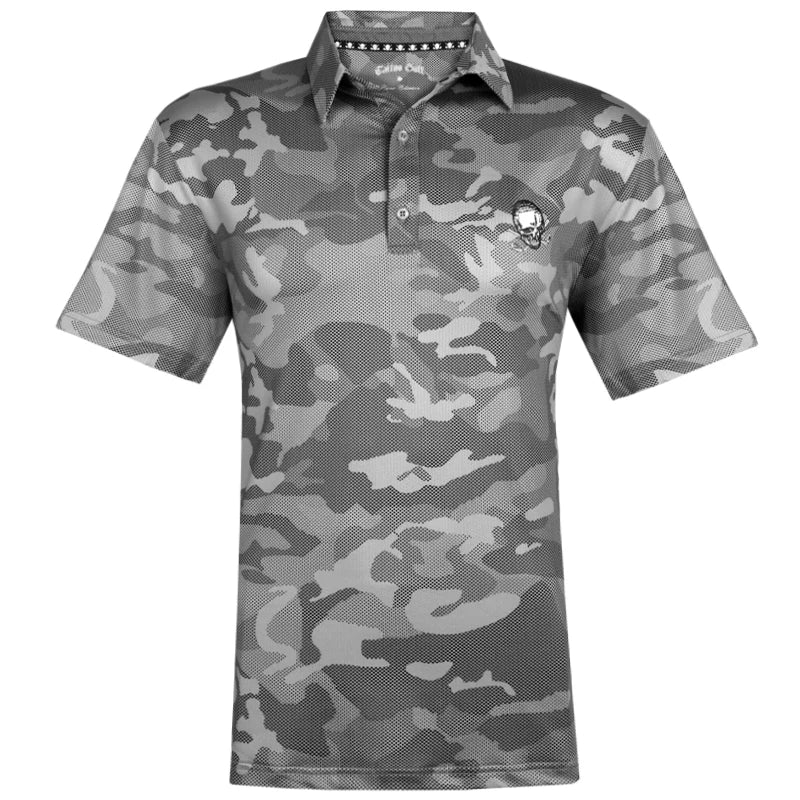 Grey camouflage golf shirt with a three-button placket, featuring a skull and crossed clubs embroidery on the chest and back.