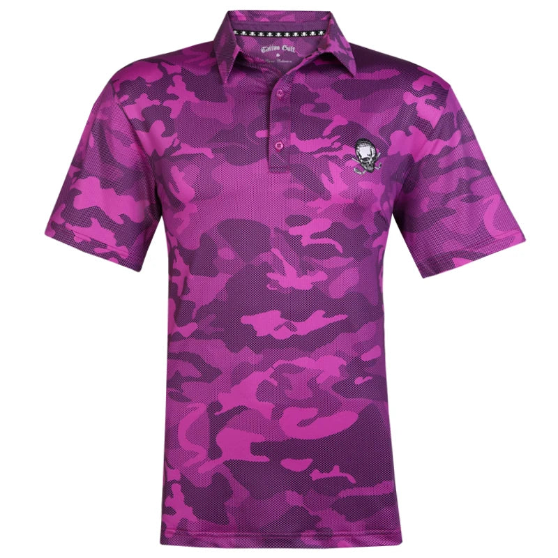 A purple camouflage golf shirt with a skull and crossed clubs embroidered on the chest and back, featuring a classic fit with a three-button placket.
