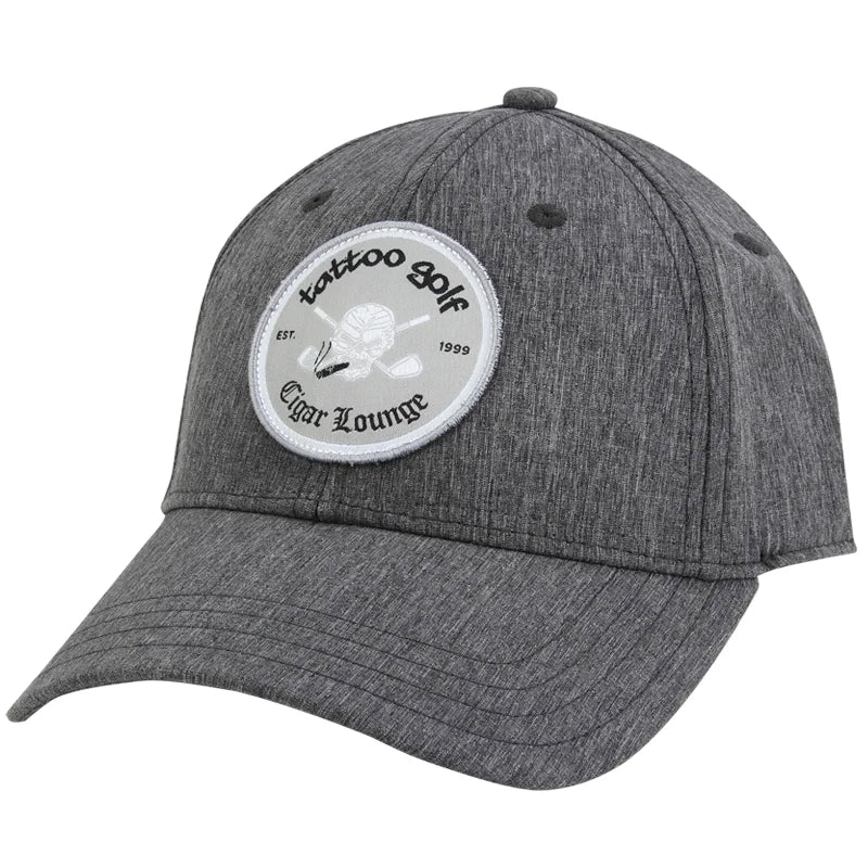 dark charcoal golf hat with skull and cigar logo