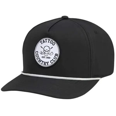 Black cap with a white logo featuring a skull and crossed golf clubs