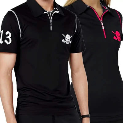 couples matching polo shirts with skull designs