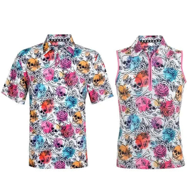 Colorful matching golf shirts with skull and rose pattern