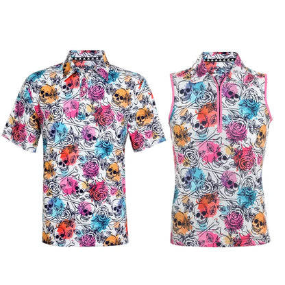 Colorful matching golf shirts with skull and rose pattern