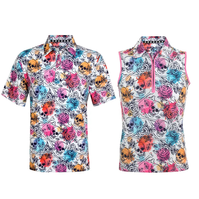 Colorful matching golf shirts with skull and rose pattern