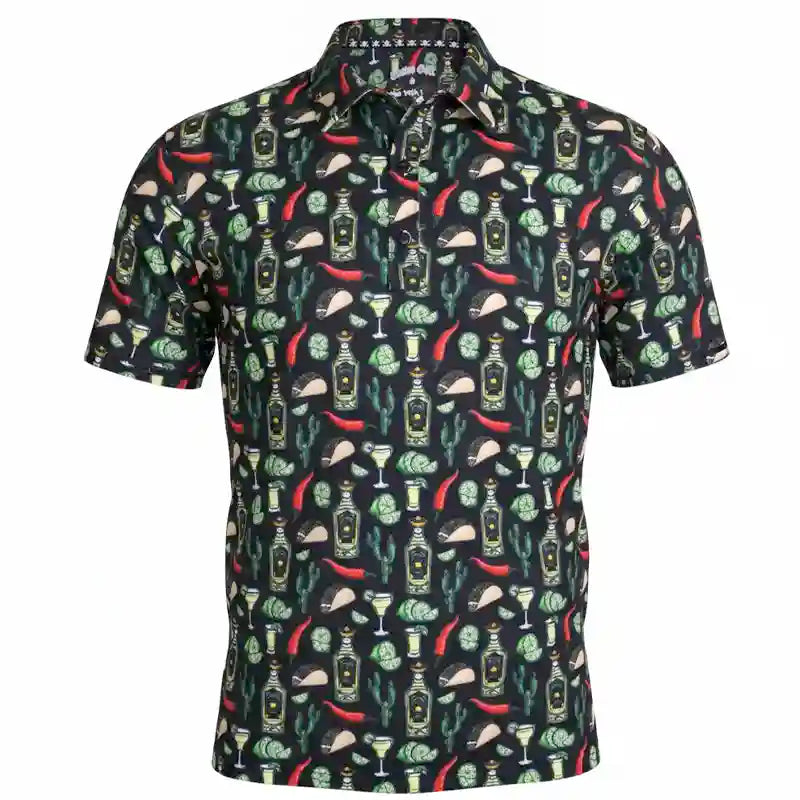 Tacos & Tequila Cool-Stretch Men's Golf Shirt - Black