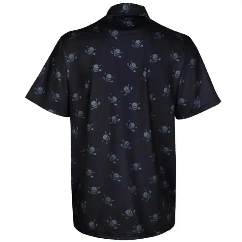 Tattoo Golf Dancing Skulls men's polo in black and charcoal, shown from the back with its all-over skull pattern.