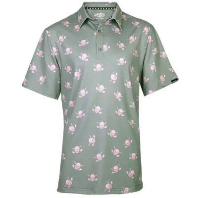 A men's golf shirt with an all-over grey and pink skull pattern, featuring a 3-button placket and short sleeves.