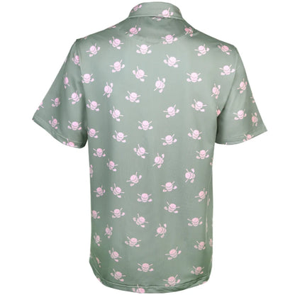 pink skulls all over golf polo