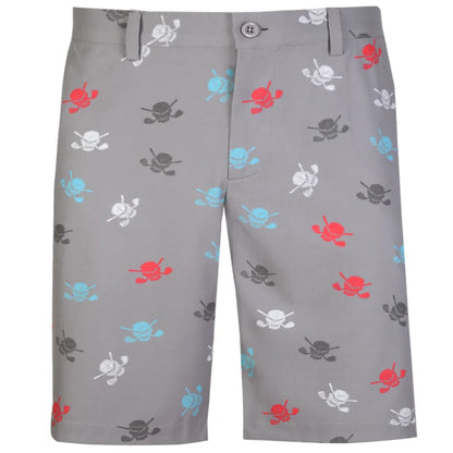 grey men's golf shorts with multicolored skulls