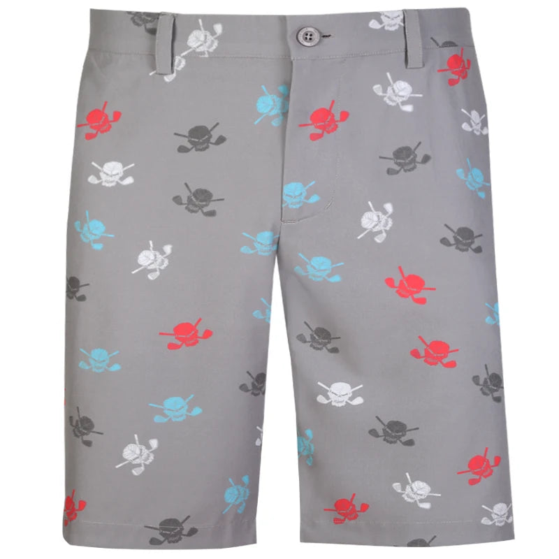 grey men's golf shorts with multicolored skulls