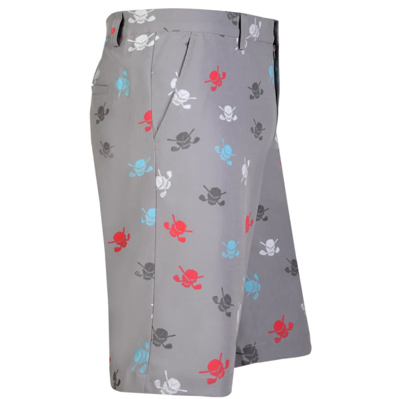 Gray shorts with colorful skull and crossbones pattern 