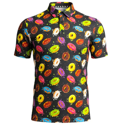 Glazed & Confused Cool Stretch Men's Golf Shirt featuring a colorful donut print on a black background.