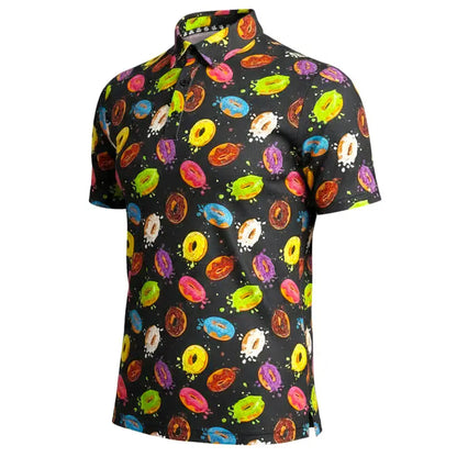 Glazed & Confused Cool Stretch Men's Golf Shirt featuring a colorful donut pattern on a dark background.