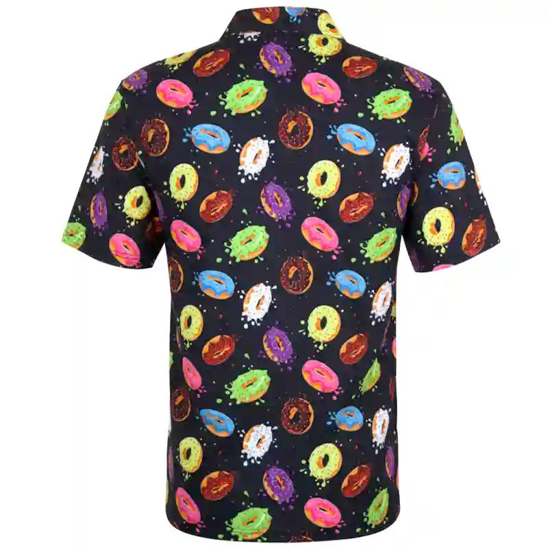 Colorful donut pattern golf shirt on a black background