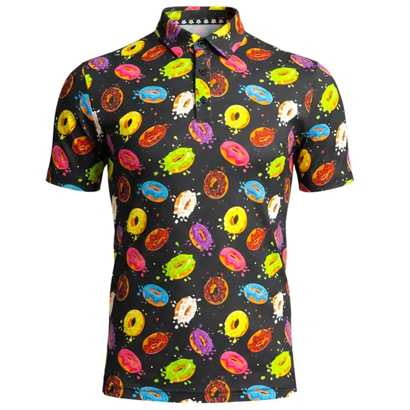 Colorful donut patterned men's golf shirt