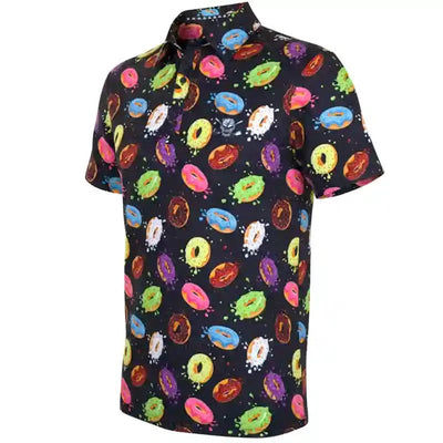 Short-sleeve golf shirt with colorful donut pattern with skull design