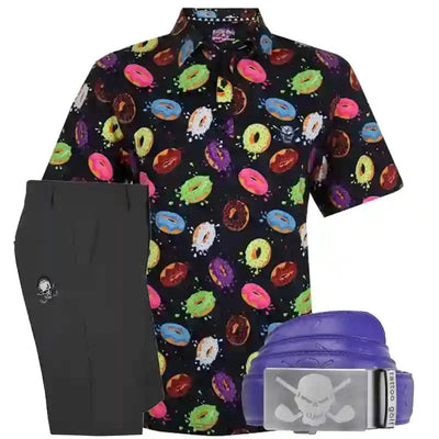 Colorful donut pattern shirt with black shorts and purple premium leather ratchet belt
