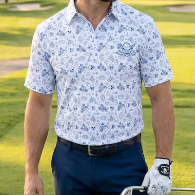 golfer wearing a flash patterned shirt and golf glove on a golf course