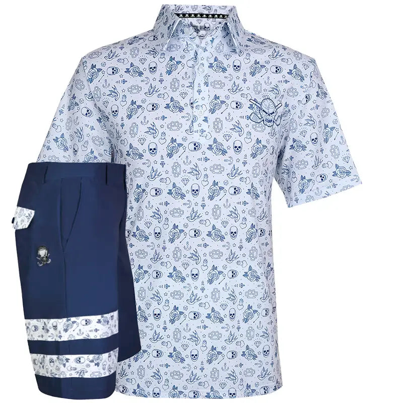Short-sleeve shirt with skull and crossbones pattern and navy shorts