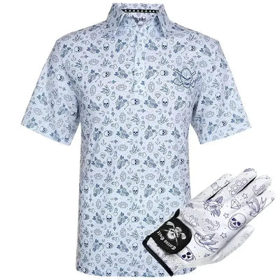 Short-sleeve shirt with skull and tattoo pattern and matching glove on a white background