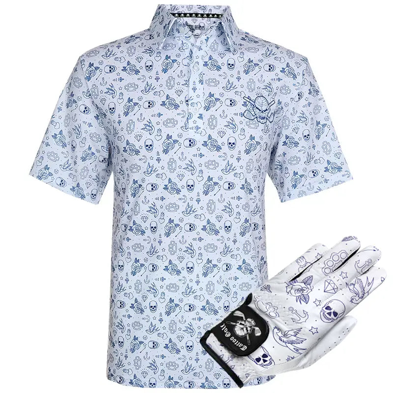 Short-sleeve shirt with skull and tattoo pattern and matching glove on a white background