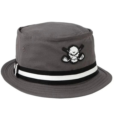 Opposite angled front view of the charcoal Tattoo Golf Premium Bucket golf hat with a skull-and-crossed-clubs patch and black-and-white band.